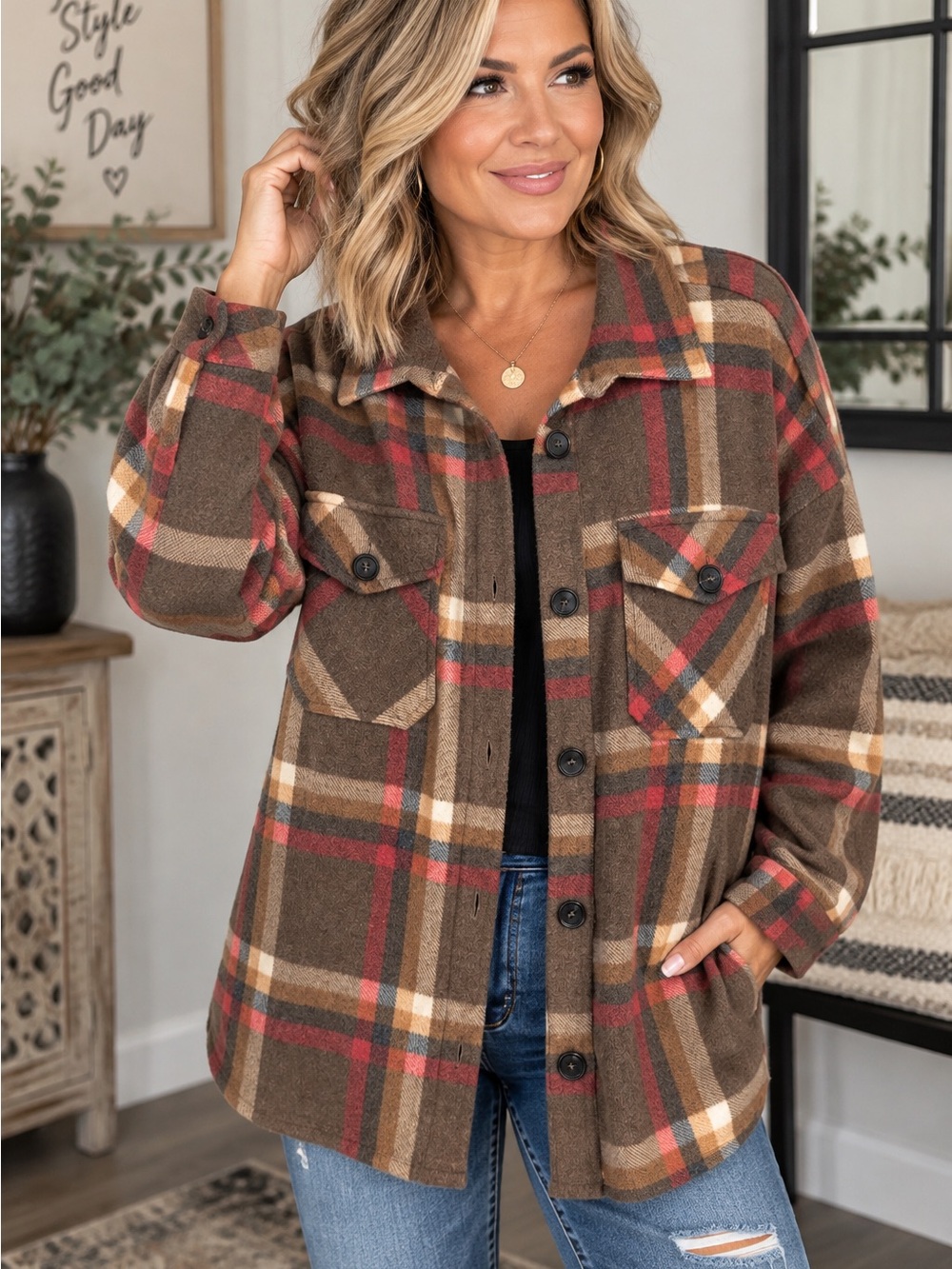 Zenana-Plaid Button-Front Shacket - Brown Multi